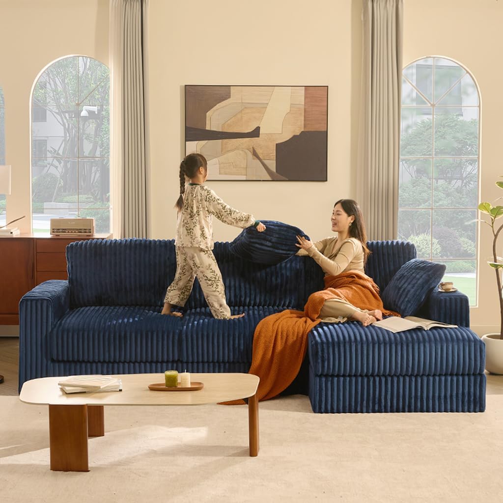 GOSUHI 113" L-Shaped Cloud Couch, Modular Sectional, Deep Seats, Navy | Pocket Spring Cushions, Oversized 3-Seater, Right Facing Chaise, Corduroy Upholstery Couches for Living Room