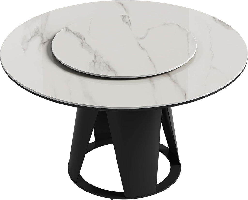 Montary 59" Modern Round Dining Table, Turntable Faux Marble Kitchen Table with Lazy Susan, Sintered Stone Tabletop Dining Room Table for 6-8 Person, with Black Metal Pedestal