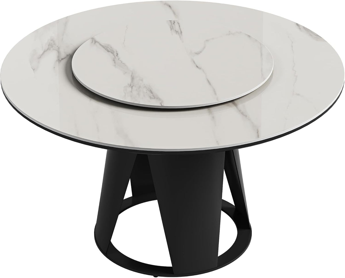 Montary 59" Modern Round Dining Table, Turntable Faux Marble Kitchen Table with Lazy Susan, Sintered Stone Tabletop Dining Room Table for 6-8 Person, with Black Metal Pedestal