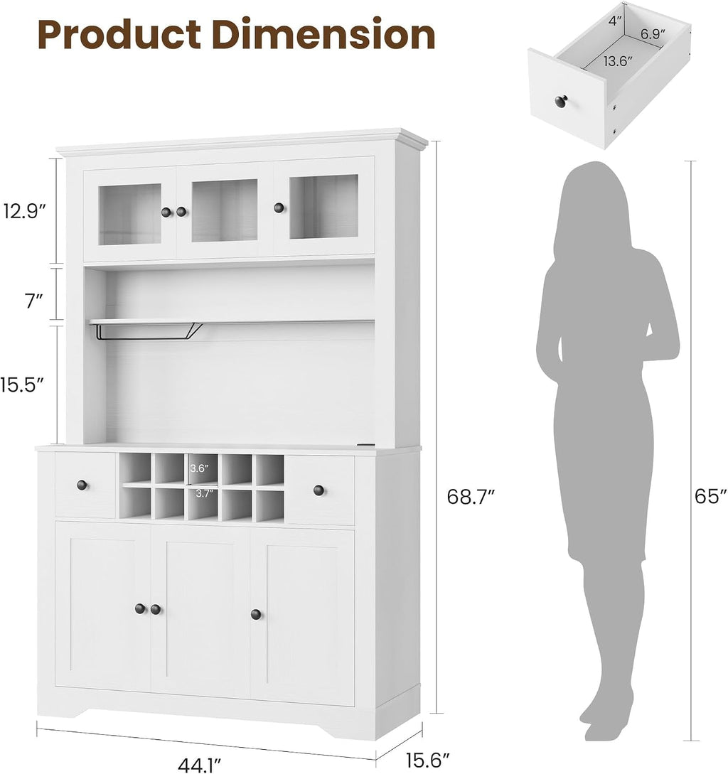 GAOMON 69" Pantry Cabinet with LED Light & Charging Station, Kitchen Pantry Storage Cabinet with Drawer & Adjustable Shelves, Coffee Bar Table for Kitchen Room, Living Room, Dining Room, White