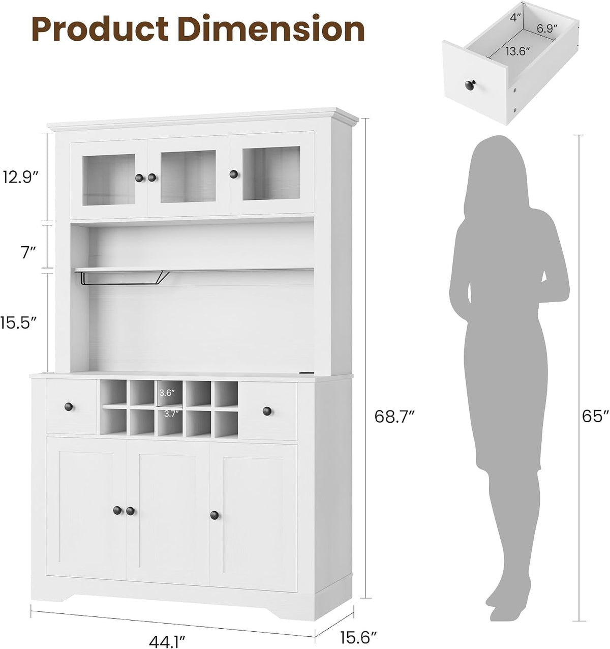 GAOMON 69" Pantry Cabinet with LED Light & Charging Station, Kitchen Pantry Storage Cabinet with Drawer & Adjustable Shelves, Coffee Bar Table for Kitchen Room, Living Room, Dining Room, White