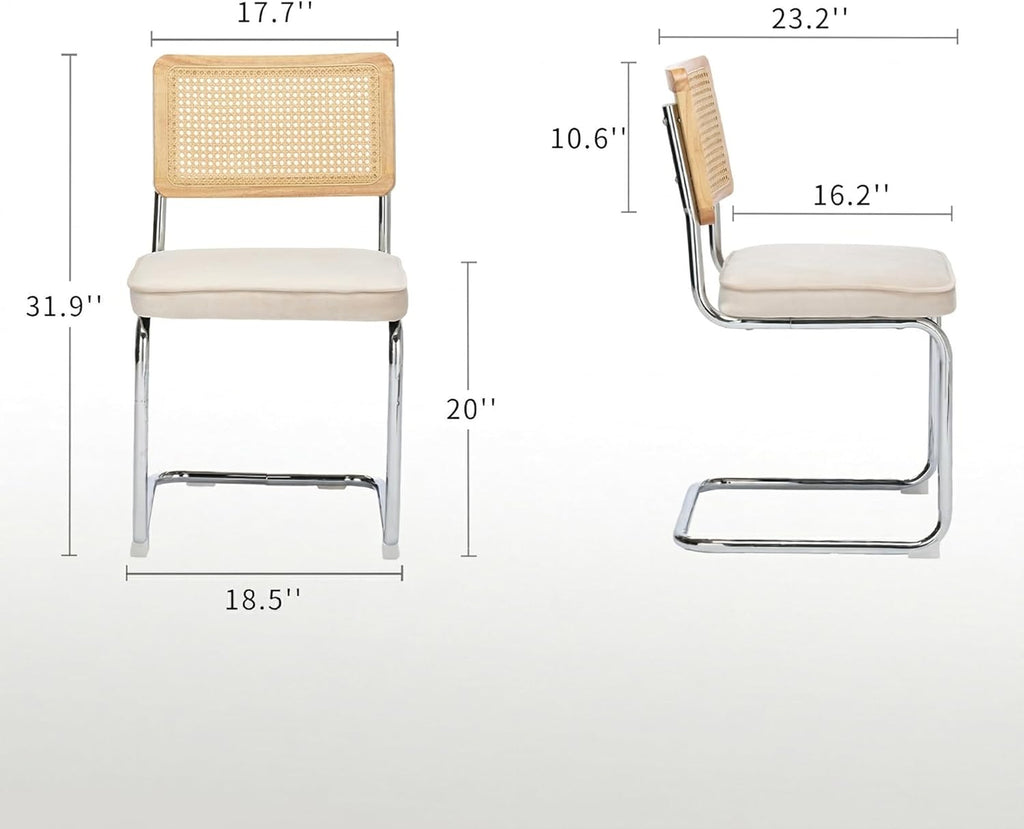 Rattan Dining Chairs Set of 4, Mid-Century Modern Dining Room Chairs with Cane Back, Velvet Upholstered Seat & Chrome Cantilever Frame, Sillas de Comedor, Kitchen & Dining Room Chairs (Beige)