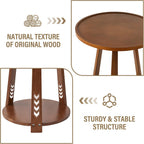 Round Living Room End Table - Walnut Solid Wood Round Side Table with Lower Shelf for Living Room Couch, Bedroom Nightstand
