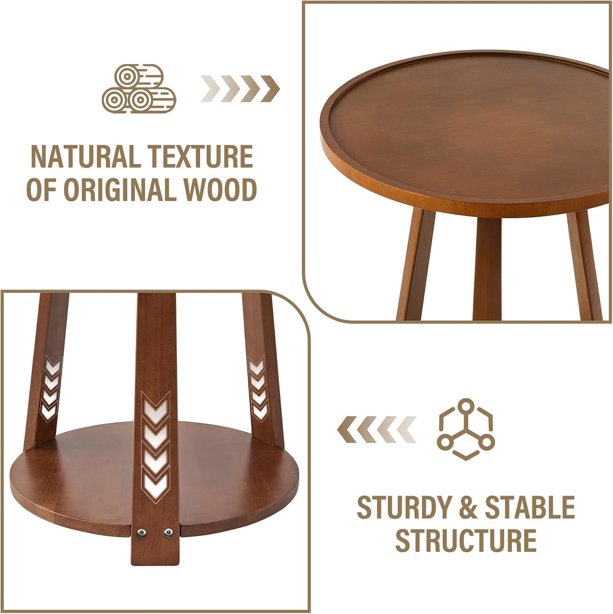 Round Living Room End Table - Walnut Solid Wood Round Side Table with Lower Shelf for Living Room Couch, Bedroom Nightstand