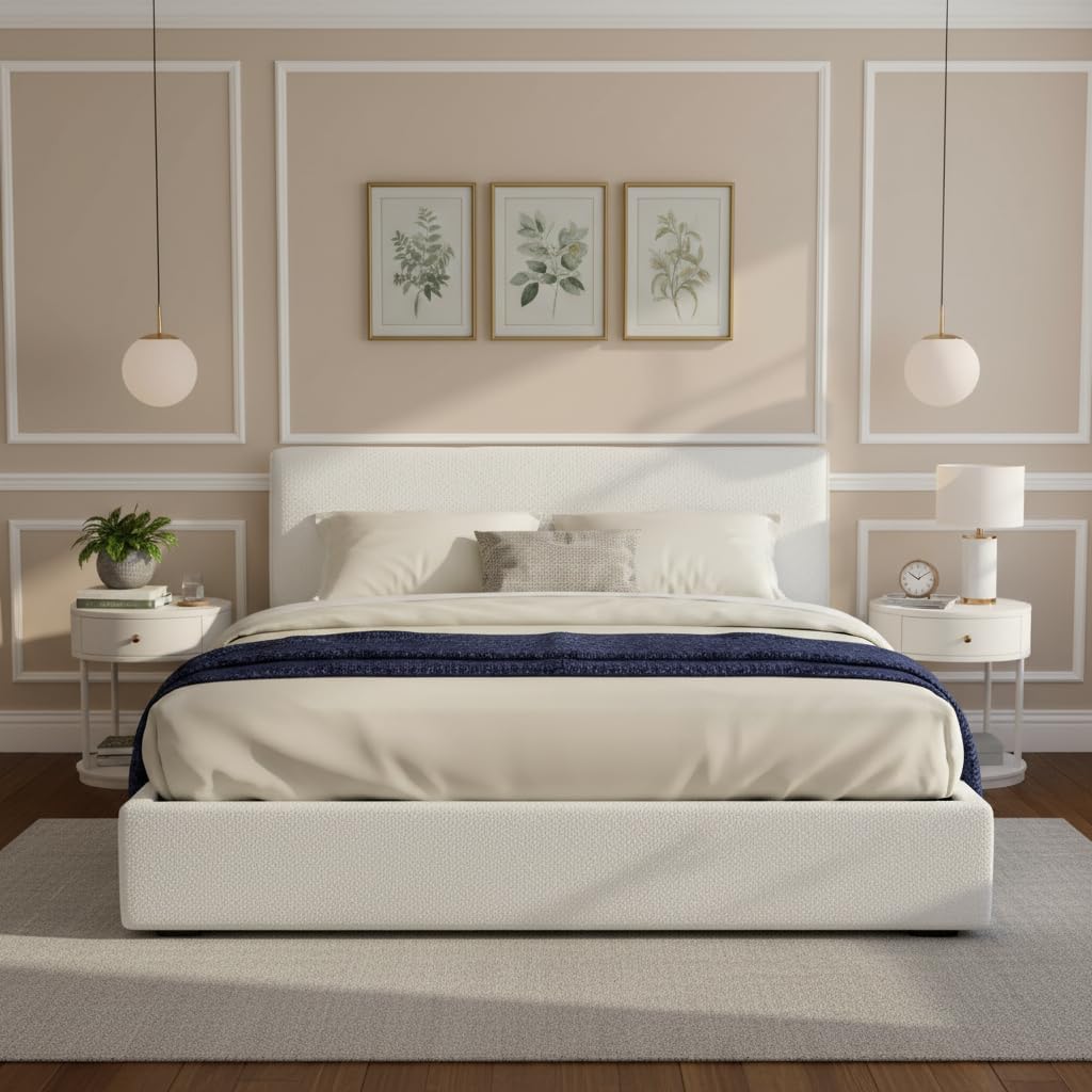 Christopher Knight Home Jamaiya Boucle Upholstered Queen Size Bed Frame with Headboard, Modern Queen Bed Frame and Headboard, Wooden Slats Support, Easy Assembly, No Box Spring Needed, White