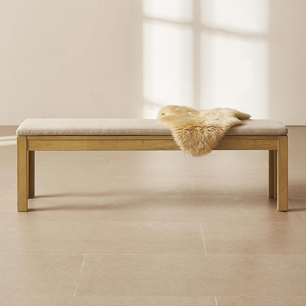 mopio Logan Upholstered Beige Dining Bench, Modern Farmhouse Solid Wood with Light Wire Brush for Dining Room and Kitchen (64" Dining Bench)