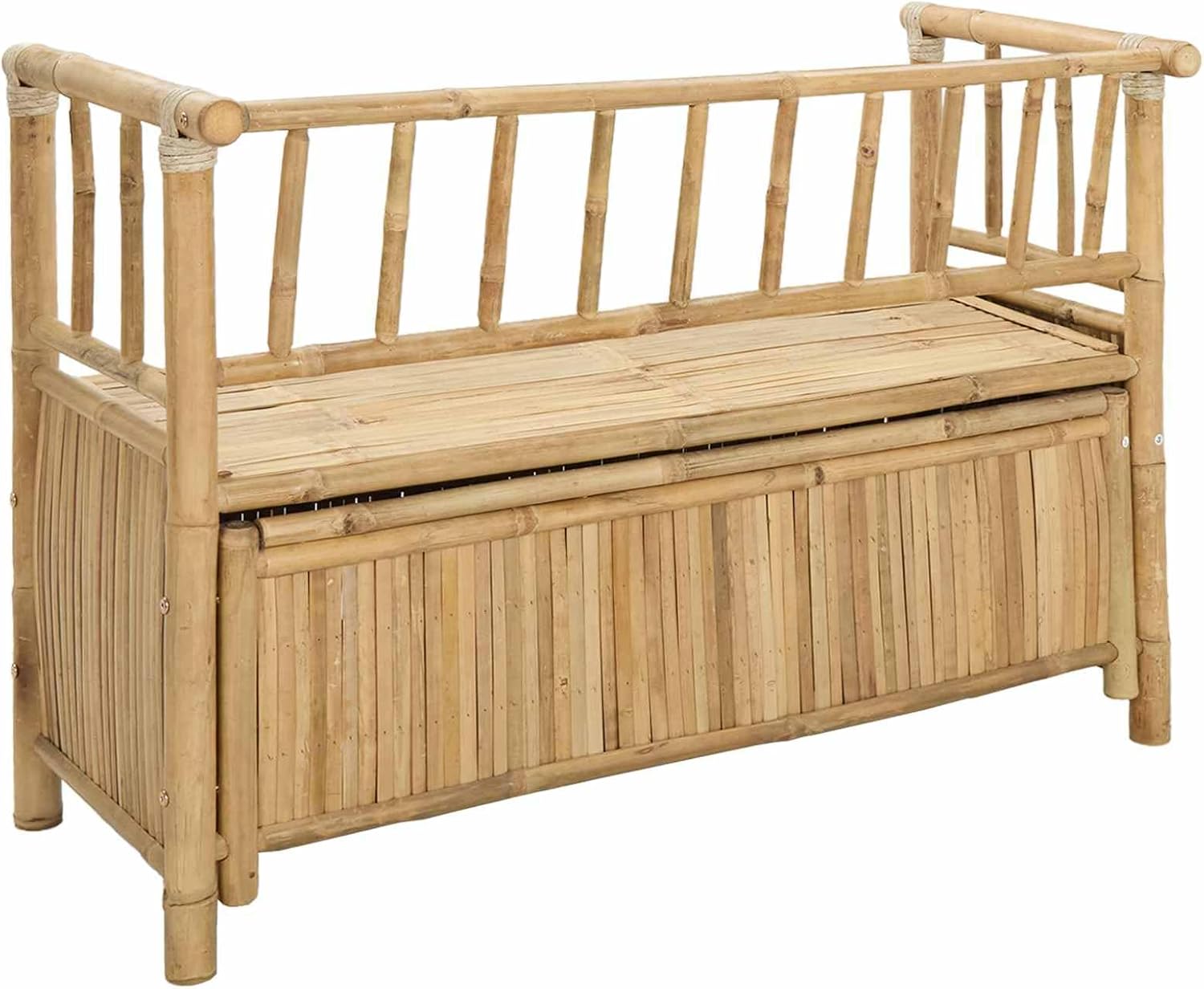 Bamboo Garden Storage Bench 110x47x80 cm, Outdoor Storage Bench with Hidden Compartment, Natural Finish Post Leg Design for Patio