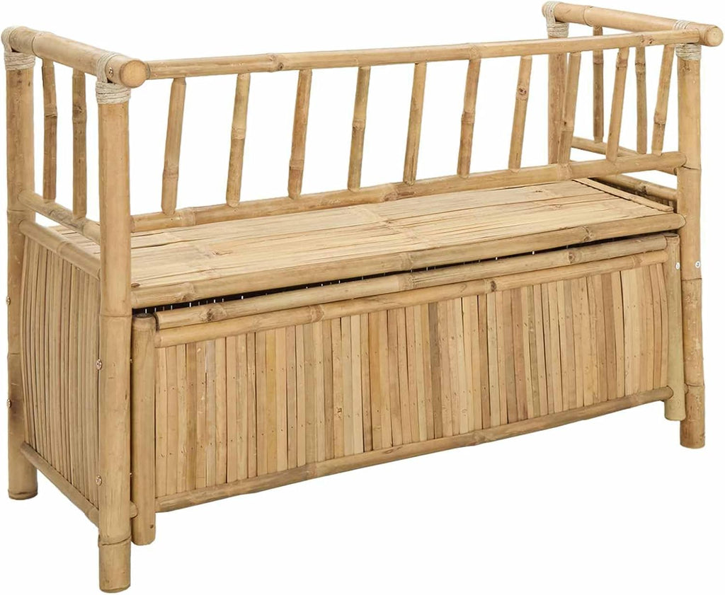 Bamboo Garden Storage Bench, 43 Inch Outdoor Patio Seating with Under Seat Hidden Compartment, Natural Wood Entryway Bench for Sunroom Backyard and Porch