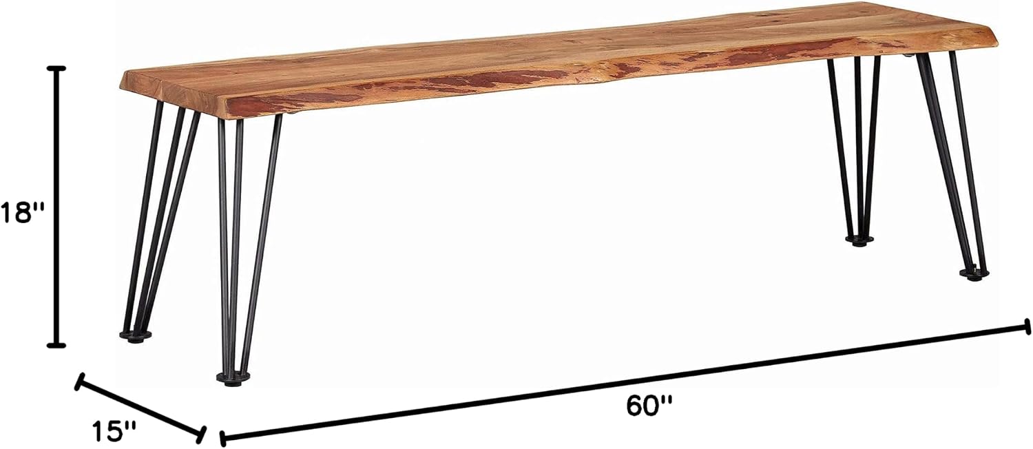 Coaster Home Furnishings - Sherman - 60-Inch Live Edge Acacia Wood Dining Bench - Industrial Modern Design with Hairpin Metal Legs - Dining Room, Kitchen, Entryway - Natural Acacia & Black - 190913