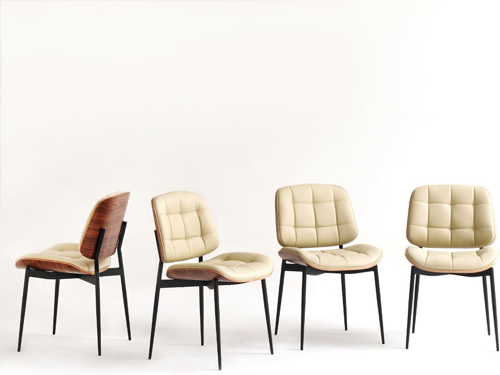 GrandNoor Mid Century Modern Dining Chairs with Walnut Grain Back, Beige Faux Leather Dining Room Chairs Set of 4, Checkered Soft Cushion Kitchen Chairs with Adjustable Foot Pads