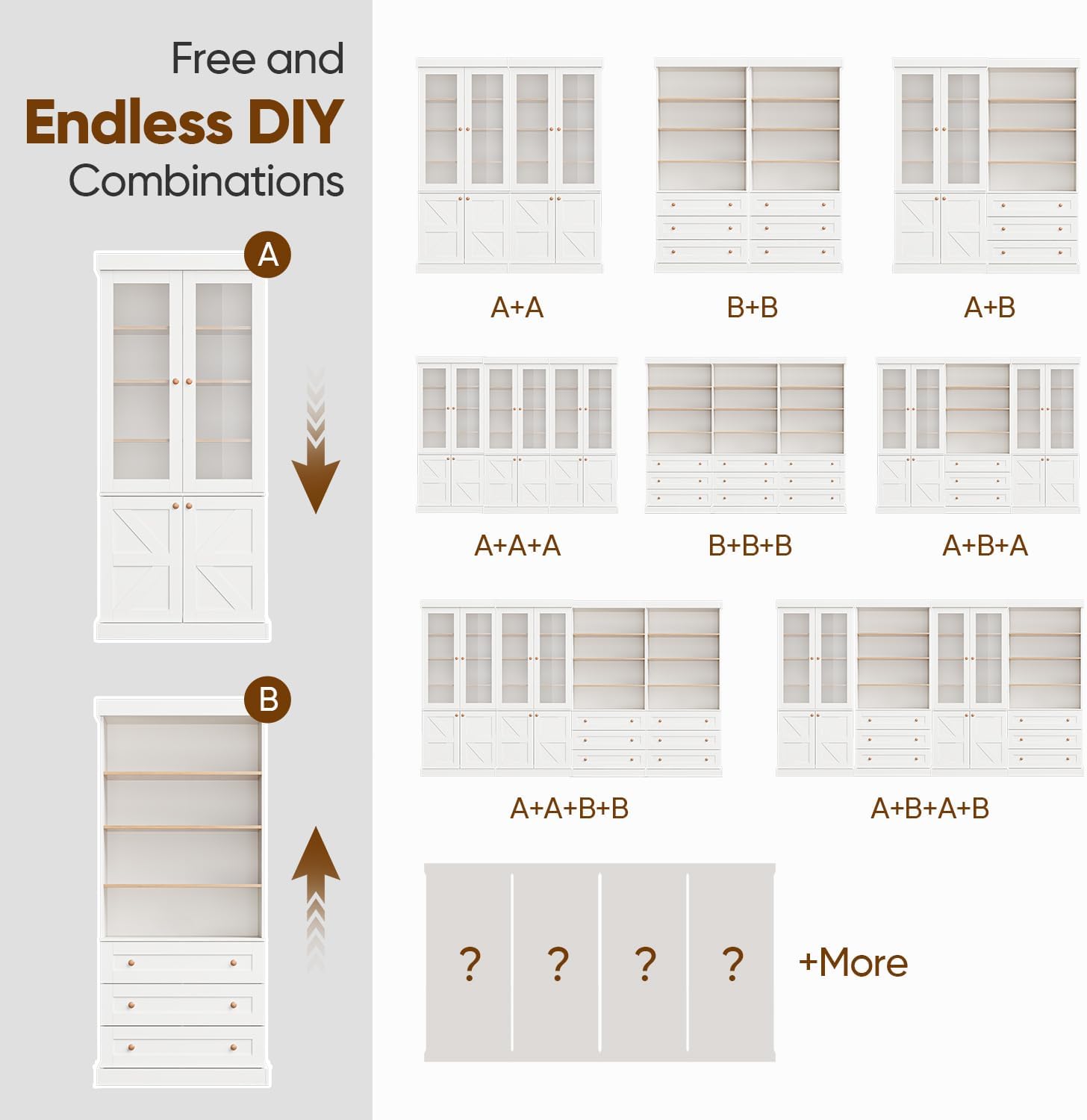 71" Tall Farmhouse Kitchen Pantry, Rustic Large Storage Cabinet with Glass Doors, Adjustable Shelves, Wood Versatile Hutch Cabinet for Dining Room, Living Room, White 3 Pcs