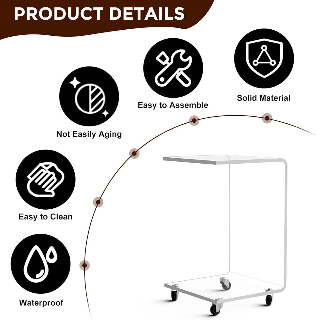Acrylic C Table with Wheels, 2-Tier Mobile Side Table for Small Spaces, Sofa/Couch End Table, Clear Drink Table, Modern Laptop Stand for Living Room Bedroom, 13.8" L x 13" W x 22" H