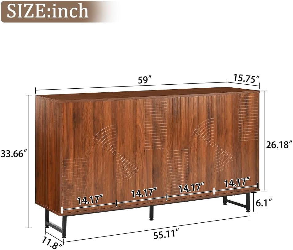 Saiveina Mid-Century Modern Walnut Sideboard Buffet Cabinet, 59 * 16 * 33 Inches Geometric Carved Storage Cabinet with Metal Legs, Multi-Purpose Credenza for Living Room, Dining Room, Entryway