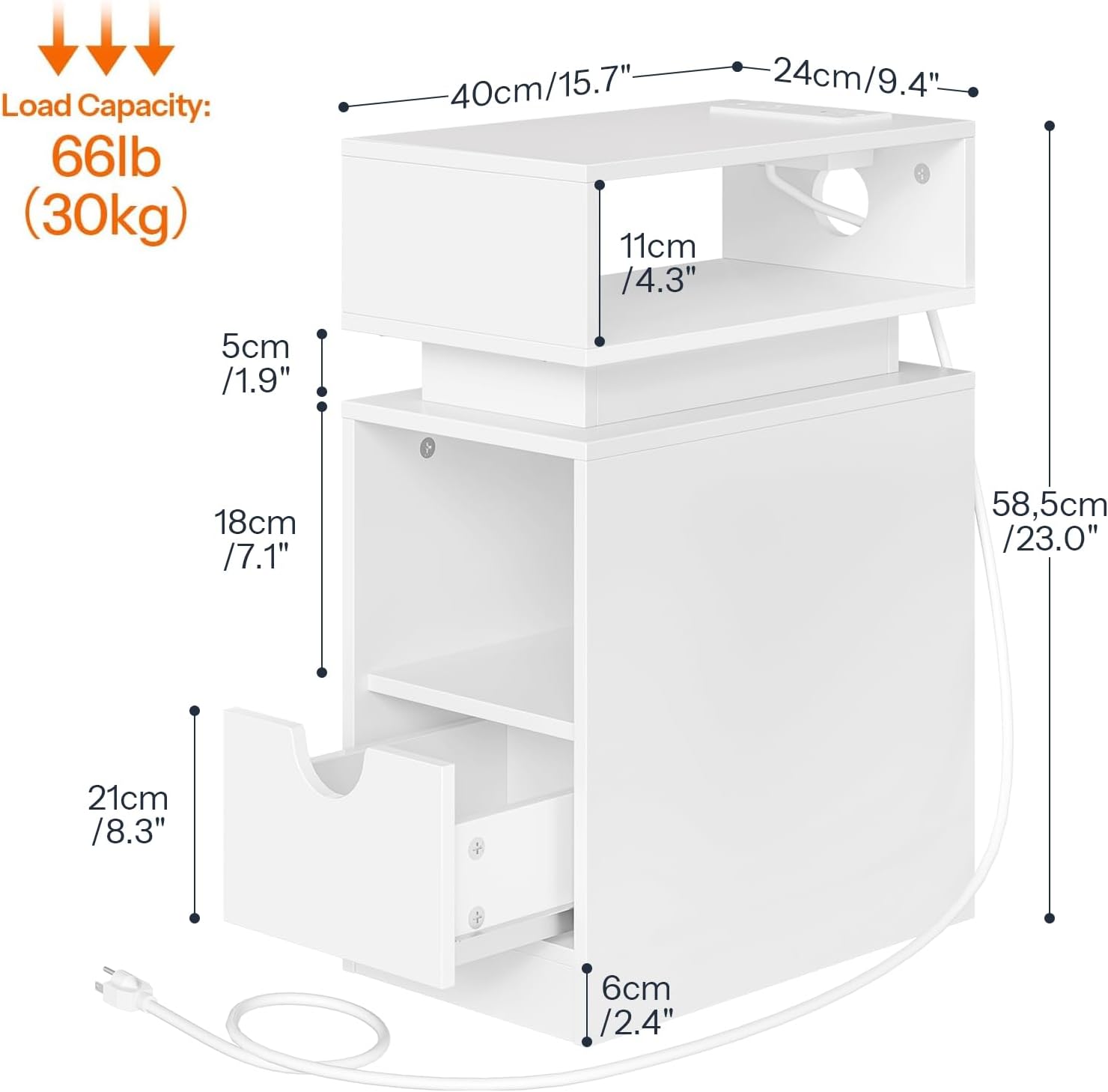 HOOBRO Narrow End Table, Floating Nightstand with LED Light Strip, with Drawer, Slim Bedside Table with Charging Station for Living Room, Bedroom, White WT204UDBZ01