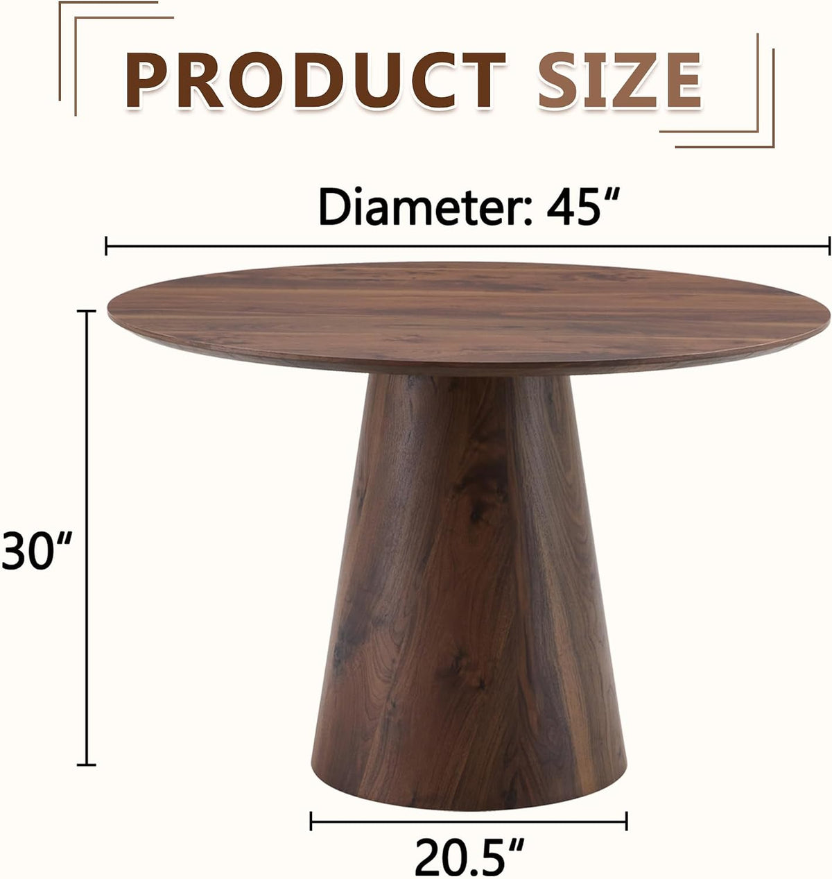 45'' Round Dining Table for 4 - Modern Farmhouse Kitchen Table with Cone Pedestal Base,Walnut Wood Dining Table for Small Spaces,Round Kitchen Table Ideal for Dining Room or Apartment