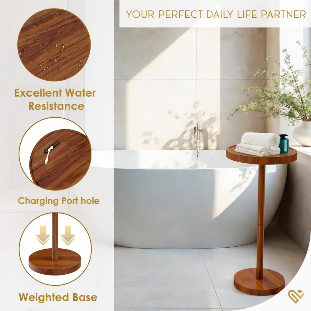 Drink Table for Small Spaces, 24” Tall Pedestal Side Table with Stable Base, Phone Holder & 2 Coasters, Natural Wood Accent End Table for Sofa, Bedside, Balcony or Living Room