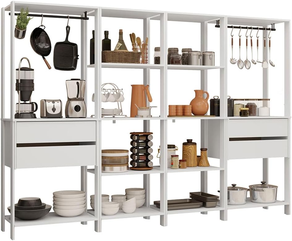 Madesa Kitchen Pantry Storage Rack with 4 Drawers, Open Shelves and Hanging Spaces 102" L Multiuse Modular Cabinet for Kitchen Organization - White
