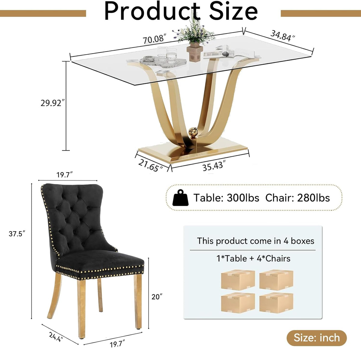 HomVent 70'' Glass Dining Table Set for 4, Modern Rectangle Kitchen Table Set for 4, Glass Dinner Table and Chairs Set for 4 for Living Room,Kitchen