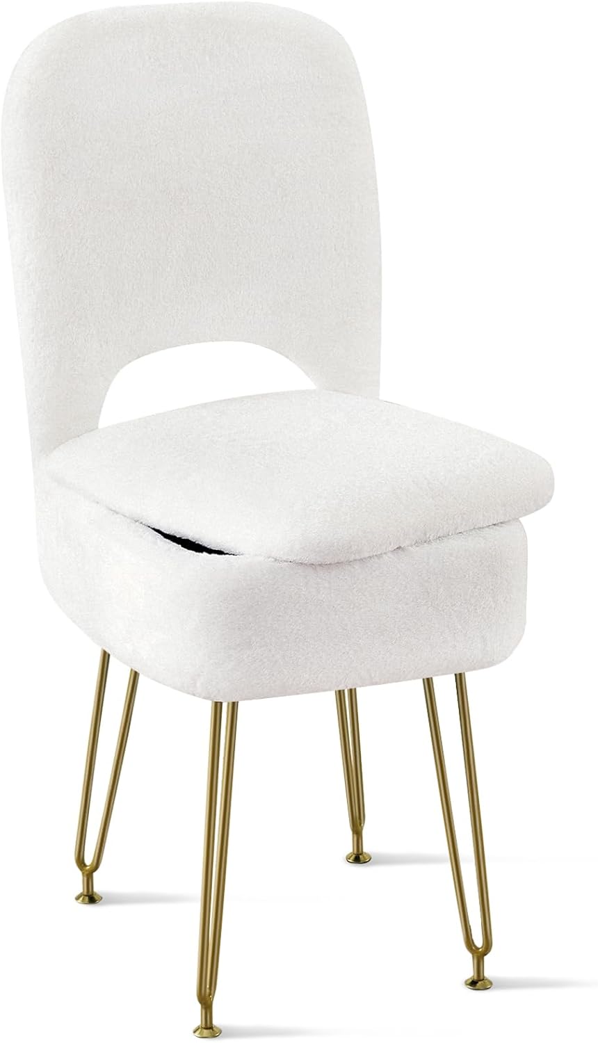 BRIAN & DANY Vanity Chair with Storage and Folding Back, Faux Fur Square Storage Chair, Vanity Stool Chair with 4 Metal Legs for Bedroom, Living Room and Makeup Stations, 13.4"x 15"x 30", White