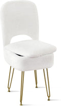 BRIAN & DANY Vanity Chair with Storage and Folding Back, Faux Fur Square Storage Chair, Vanity Stool Chair with 4 Metal Legs for Bedroom, Living Room and Makeup Stations, 13.4"x 15"x 30", White