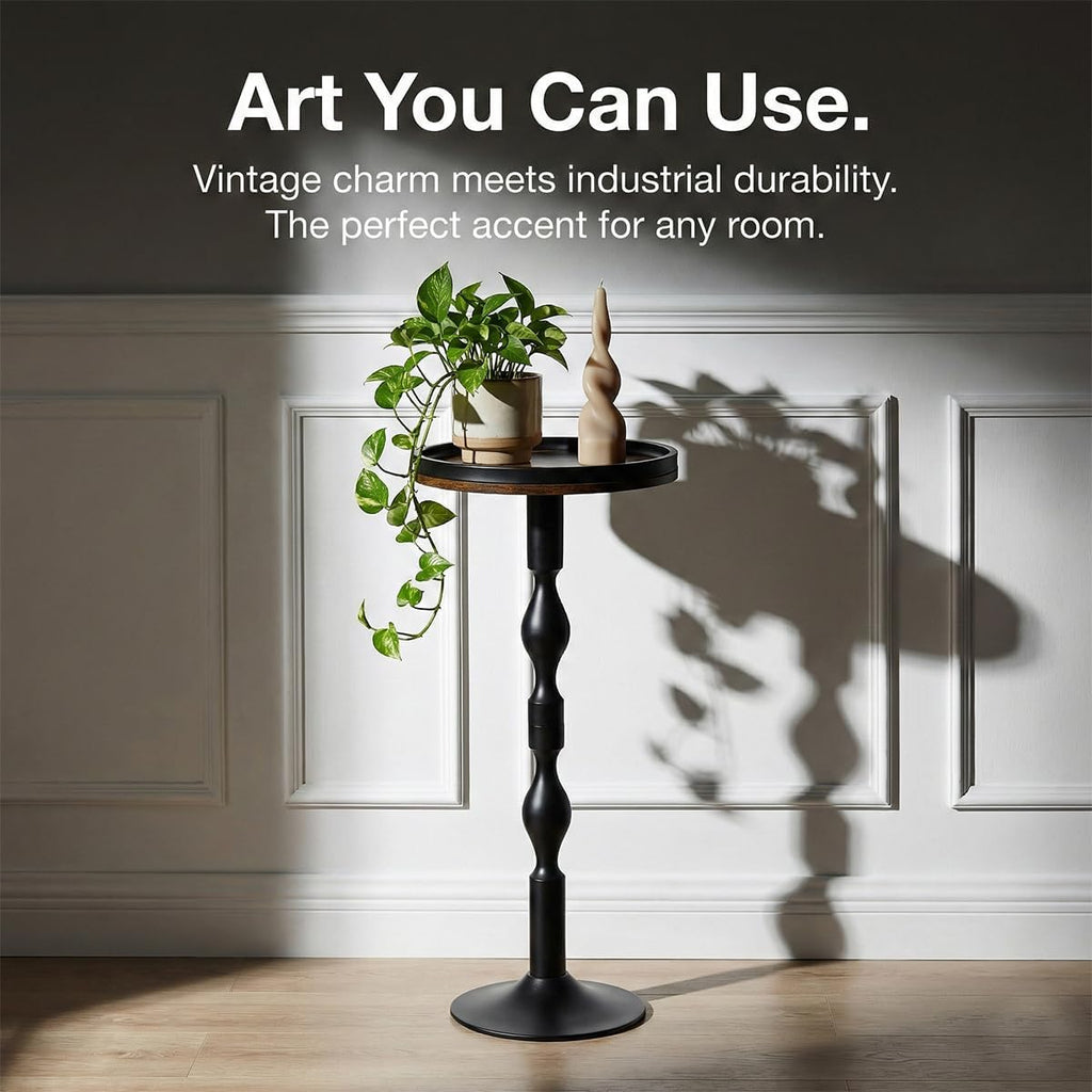 Small Round Side Table,Drink Table with Weighted Base,Industrial Metal & Wood Pedestal End Table with Tray Top, Martini Table for Small Spaces, Living Room,Bedroom,27" H
