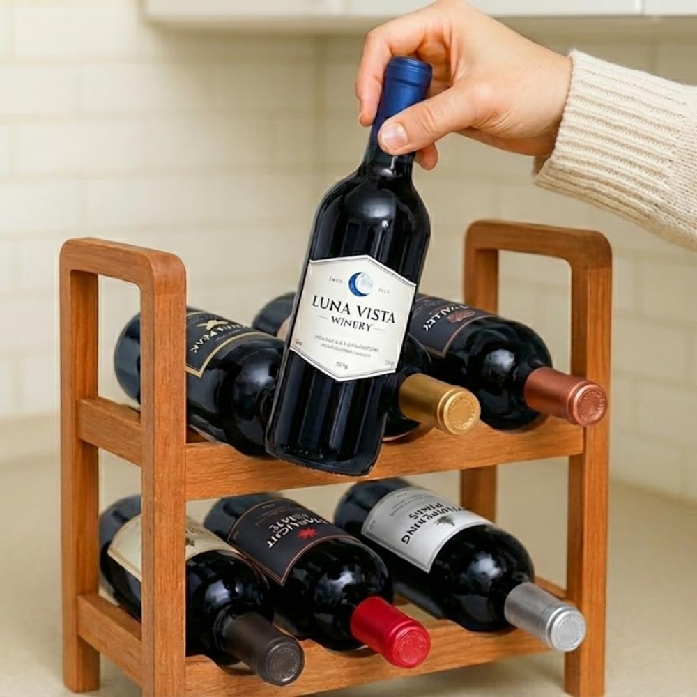 SAVUK Wine Rack 6 Bottle Countertop Bottle Rack Aesthetic 2 Tier Premium Wooden Freestanding Mini Bar and Home Bar Storage Aging Rack