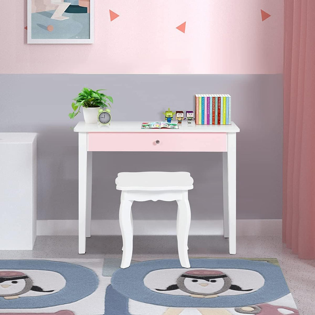 HONEY JOY Kids Vanity Set, Toddler Beauty Makeup Dressing Table w/Stool & Drawer, Tri-Fold Silver Mirror, Detachable Top, Wooden Princess Pretend Play Vanity Set for Little Girls (White)