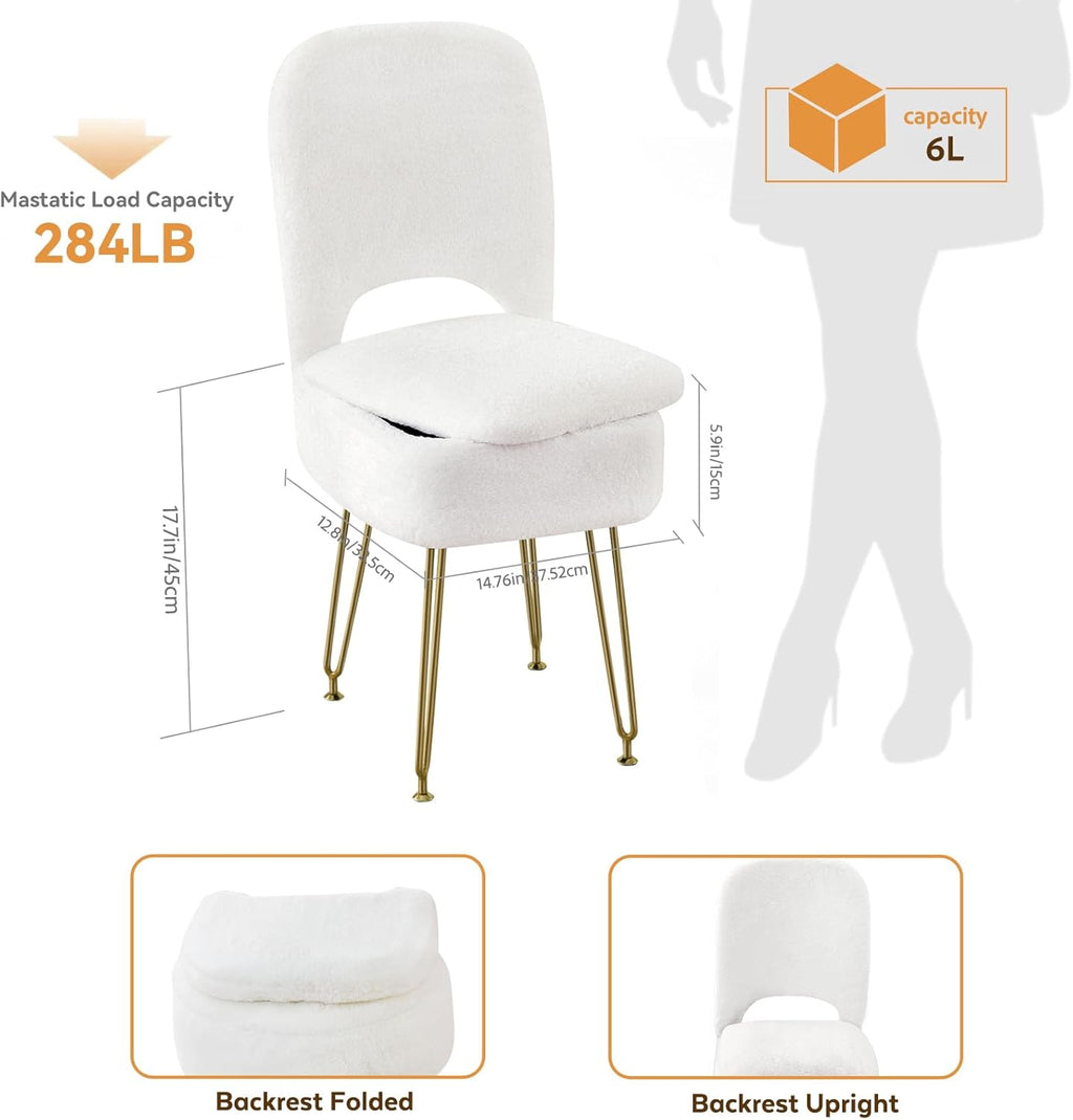 BRIAN & DANY Vanity Chair with Storage and Folding Back, Faux Fur Square Storage Chair, Vanity Stool Chair with 4 Metal Legs for Bedroom, Living Room and Makeup Stations, 13.4"x 15"x 30", White