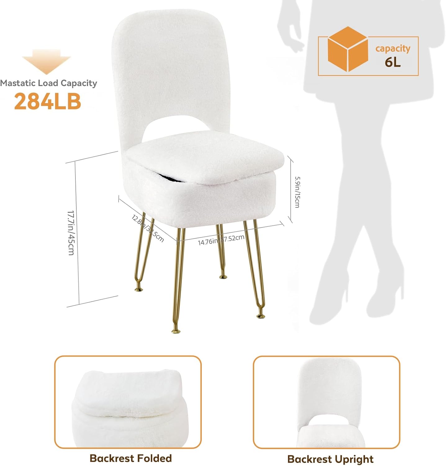 BRIAN & DANY Vanity Chair with Storage and Folding Back, Faux Fur Square Storage Chair, Vanity Stool Chair with 4 Metal Legs for Bedroom, Living Room and Makeup Stations, 13.4"x 15"x 30", White