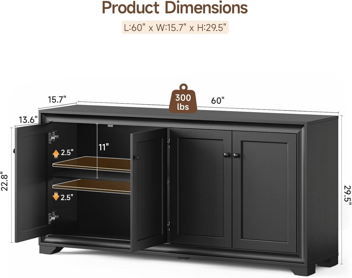 ONBRILL 60" Buffet Cabinet with Storage, 4 Doors Sideboard Buffet Cabinet with Adjustable Shelves, Modern Coffee Bar Console Table for Living Room, Kitchen, Entryway, Black