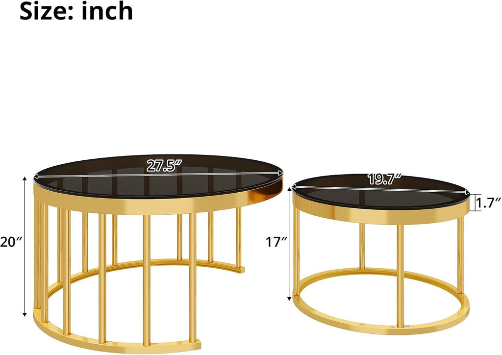 Round Nesting Coffee Table Set of 2 with Gold Frame & Mirrored Top, Black | Modern Circular Cocktail Tables with Tempered Glass, Space-Saving for Living Room & Apartment