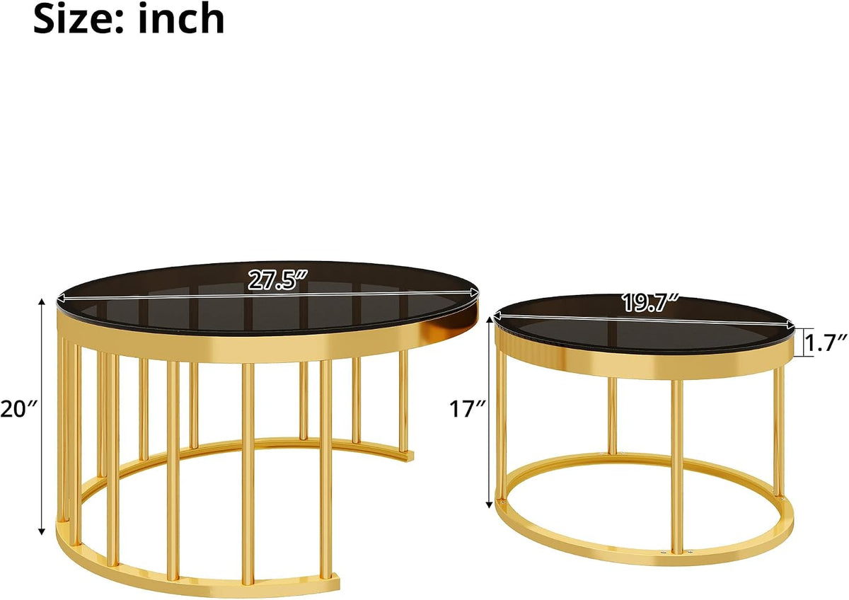 Round Nesting Coffee Table Set of 2 with Gold Frame & Mirrored Top, Black | Modern Circular Cocktail Tables with Tempered Glass, Space-Saving for Living Room & Apartment