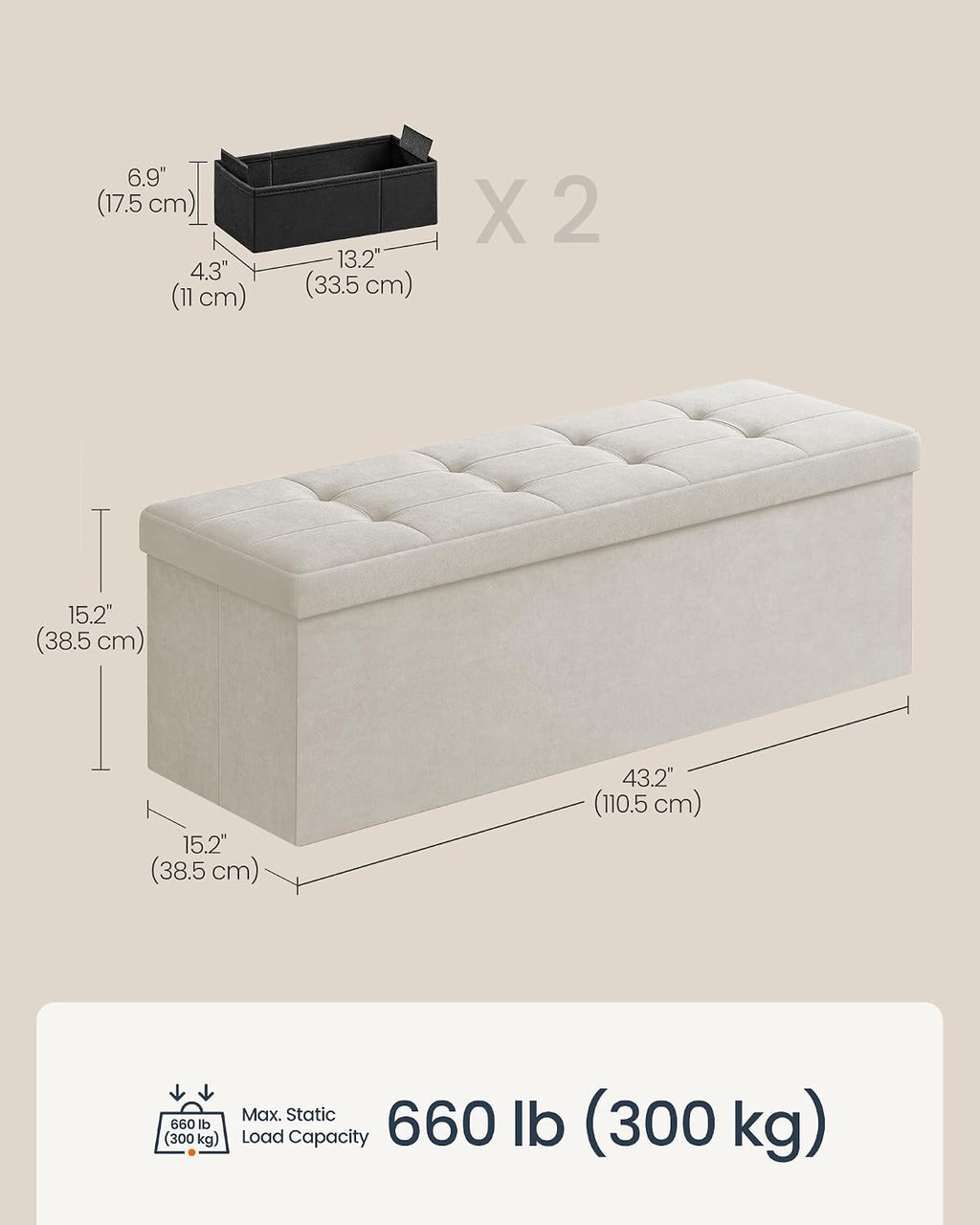 SONGMICS HOME Ottoman with Storage, Removable Lid, Folding Storage Chest, Easy Assembly, for Entryway, Bedroom, Living Room, 15.2 x 43.2 x 15.2 Inches, Velvet, White