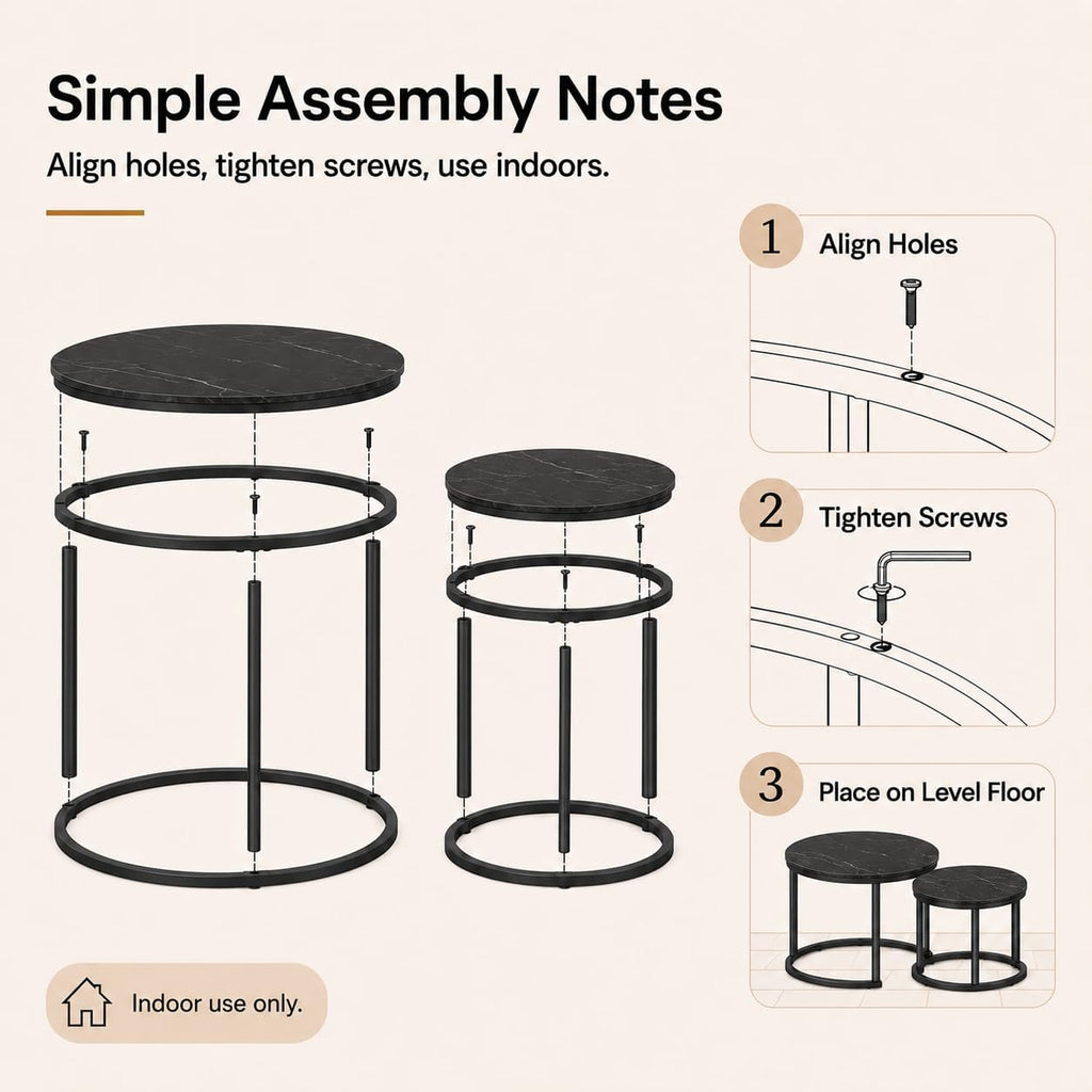 Nesting Coffee Table Set of 2，Black + Black | 27.6'' Industrial Coffee Table Nesting with Metal Frame, Round Coffee Tables for Living Room,Bedroom, Balcony