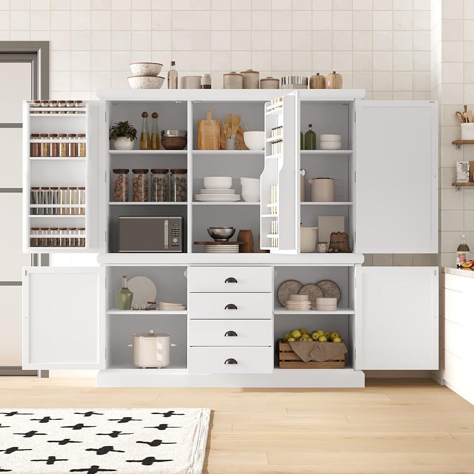 73" Freestanding Kitchen Pantry Organizer - Wooden Storage Unit with 4 Shelved Compartments, 4 Storage Bins & 8 Adjustable Shelves for Dining Room Kitchen Organization (White19)