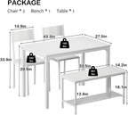 soges 4-Piece Dining Table Set with Bench - 4 Person Kitchen Table and 2 Chairs for Small Spaces, Apartment - Metal Frame & Woodgrain Tabletop, Space-Saving Design, Durable & Easy to Clean, White