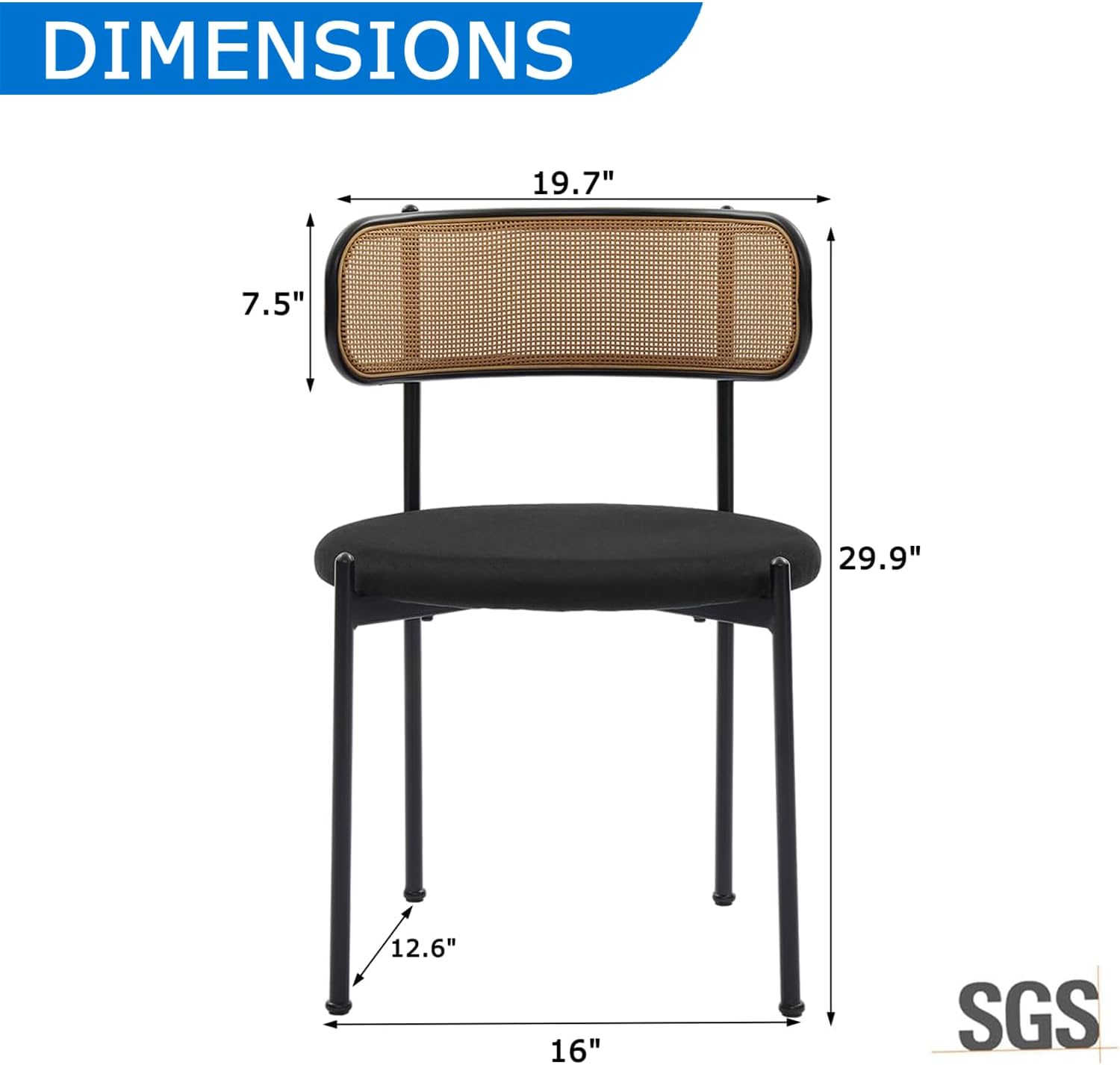Rattan Dining Chairs Set of 4, Velvet Mid-Century Modern Upholstered Dining Chairs with Woven Cane Backrest, Black Kitchen Dining Room Chairs