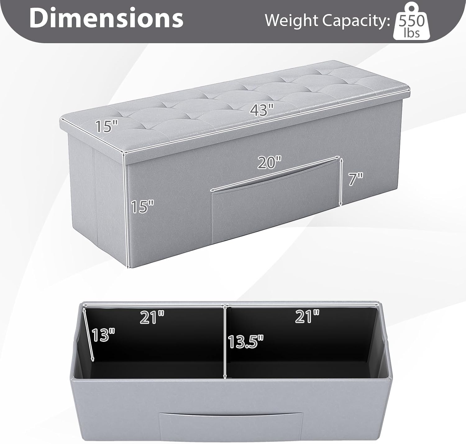 Giantex 43 Inches Folding Storage Ottoman Bench, Upholstered PU Leather Storage Chest with Side Pocket, Padded Seat, End of Bed Bench, Collapsible Ottoman Foot Rest for Living Room, Bedroom & Entryway
