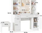 Vabches Makeup Vanity Table with Lighted Mirror & Power Strip, Large Vanity Set Vanity Desk with Storage Stool, 3 Lighting Modes, Brightness Adjustable, 45.2in(L)