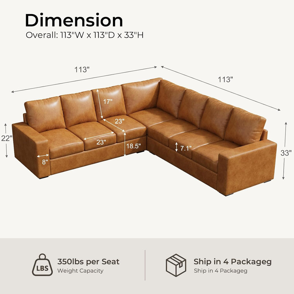ELUCHANG 113" V-Shaped Modular Sectional Sofa Couch, Modern 7-Seat Premium Faux Leather Deep Seat Sofa with Corner, Removable Cover, Easy Assembly, Large Sofas & Couches for Living Room, Office, Brown