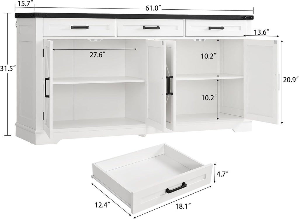 usikey 61” Large Sideboard Buffet Cabinet with 4 Doors and 3 Drawers, Farmhouse Buffet Table, Dining Room Storage Cabinet for Kitchen or Living Room, White