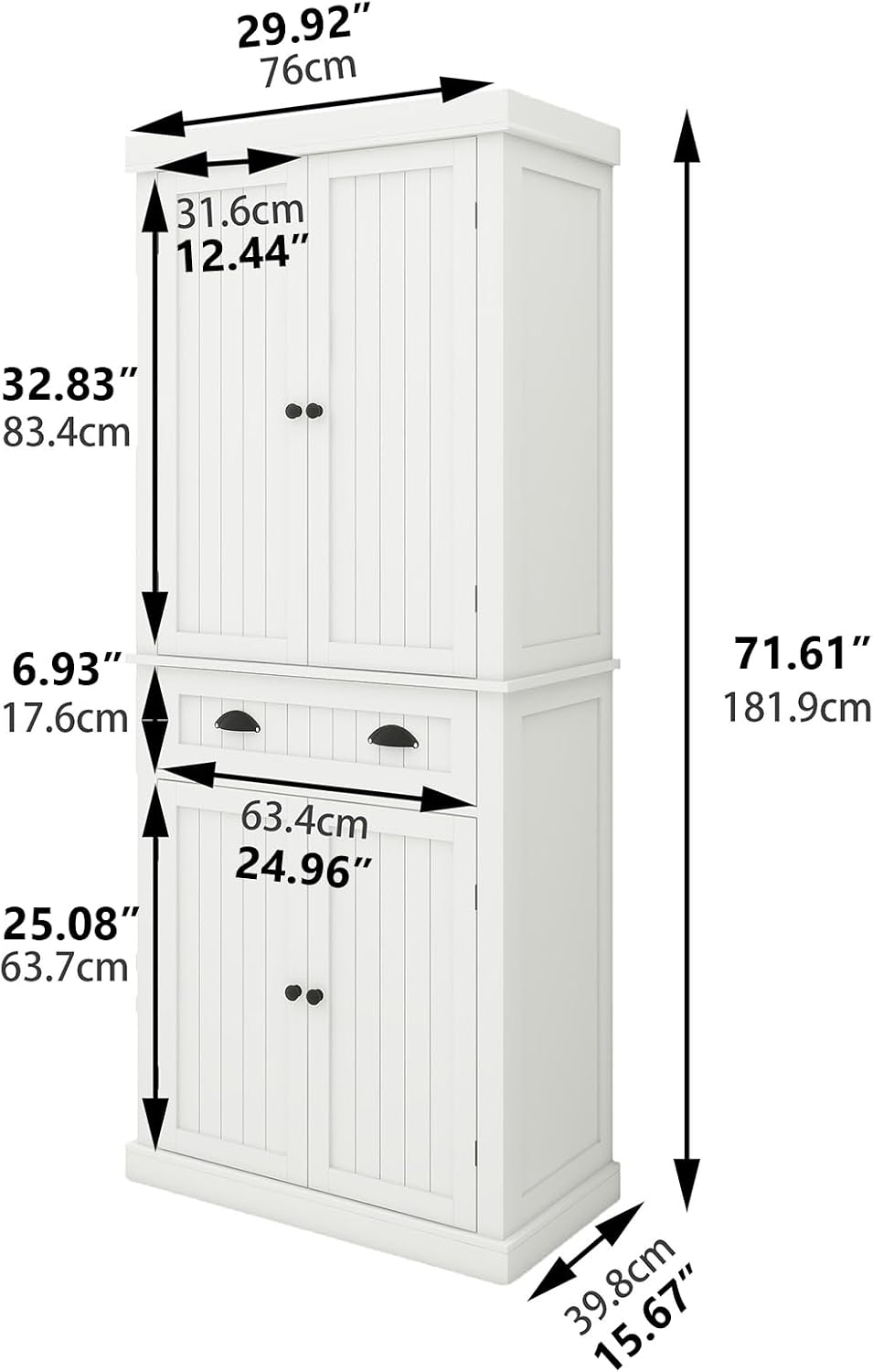 71.61" Kitchen Pantry Cabinet, Tall Storage Cabinet with 4 Doors and 1 Drawer, Freestanding Wood Kitchen Cabinet Cupboard with Adjustable Shelves for Kitchen, Dining Room, Living Room, White A