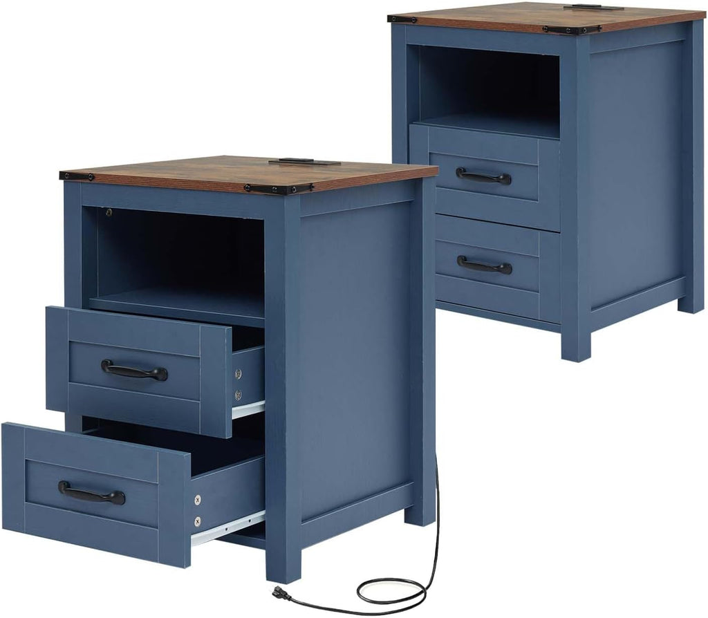 Farmhouse Nightstands Set of 2 with Charging Station, End Table with 2 Drawers and Open Shelf, Wooden Bedside Cabinet for Bedroom, Home Office, Living Room, Blue