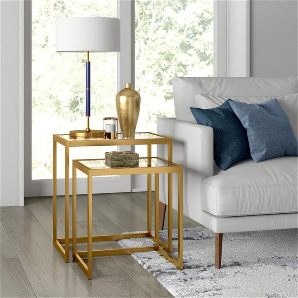 MAKLAINE Contemporary Metal/Tempered Glass Side Table, 22 in, Brass Finish, Handcrafted Steel Frame, Rectangle Shape, Set of 2, Living Room Accent Table