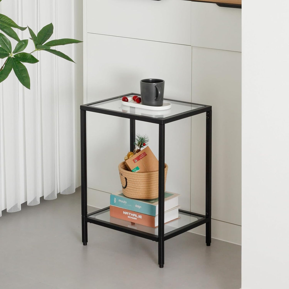 Gawicpy Modern 2-Tier Tempered Glass End Table - Stylish Black Metal Side Table for Small Spaces, Perfect for Living Room & Bedroom (Black, 1PCS)
