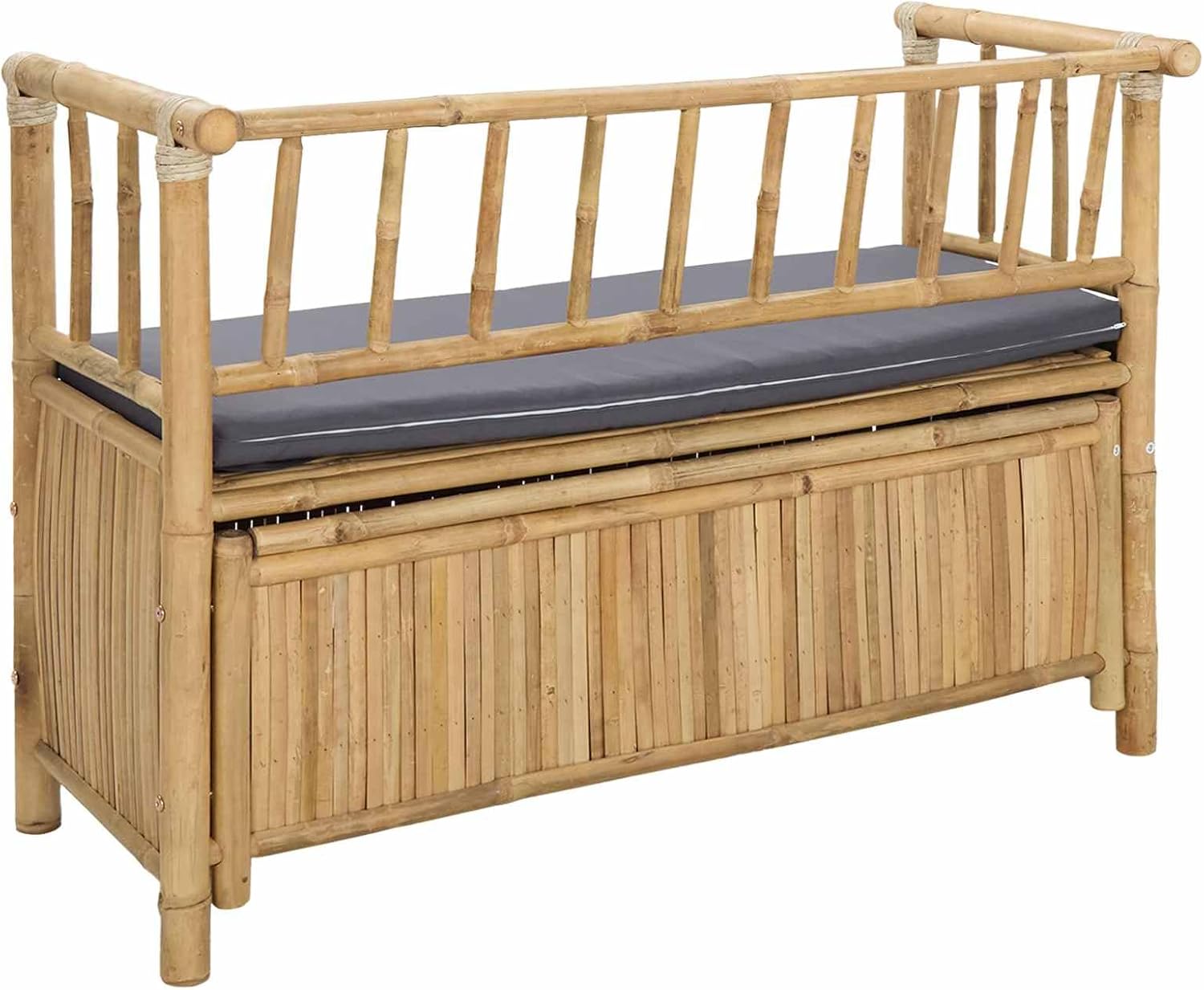 Bamboo Garden Storage Bench 110 x 47 x 80 cm, Outdoor Seat with Hidden Compartment, Natural Finish Post Leg Design for Patio or Indoor Use