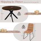 44" Round Dining Table Set for 4, Modern X-Shaped Metal Leg Table | Cushioned Cozy Brown Chairs of 4, Mid-Century Walnut Tabletop, Dinette set for Kitchen, Dining Room & Apartments