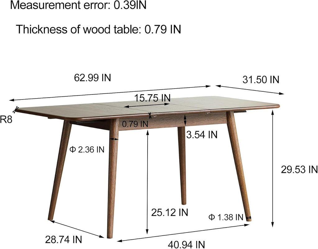 47.2''–59'' Extendable Solid Oak Dining Table, Farmhouse Kitchen Table for 6–8 People, Rounded Corners, Smooth Metal Slide Extension, Mid Century Kitchen & Dining (62.99" Walnut)