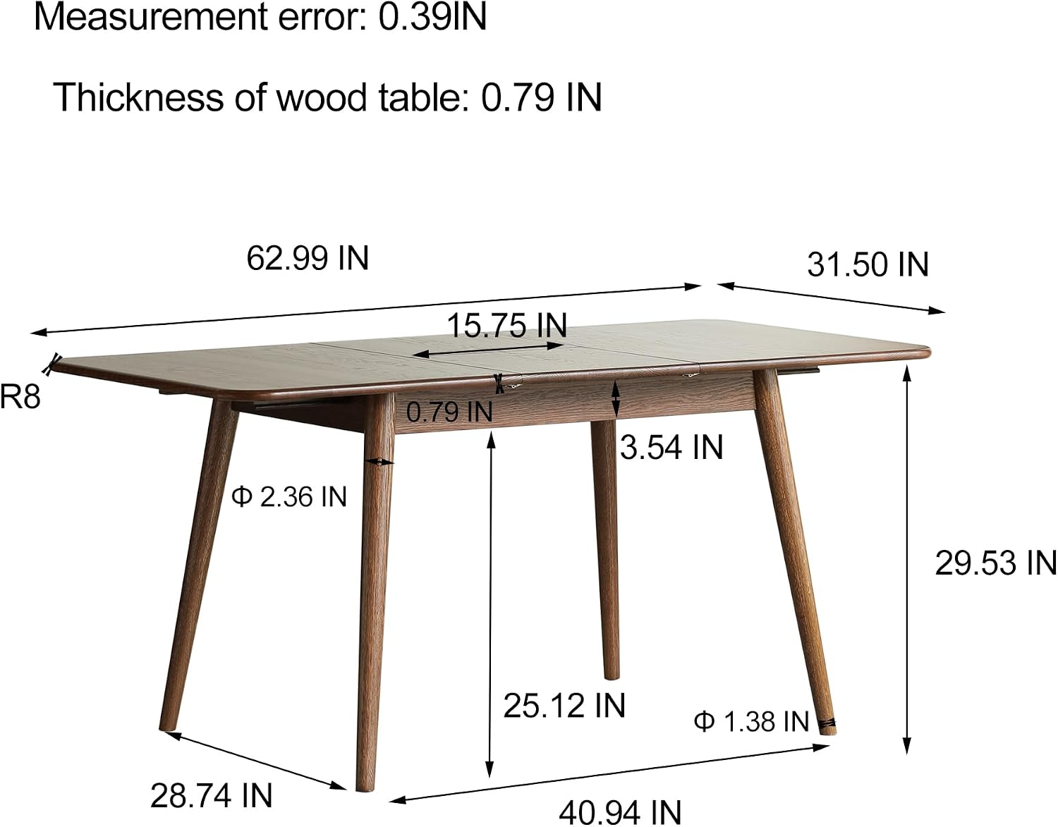 47.2''–59'' Extendable Solid Oak Dining Table, Farmhouse Kitchen Table for 6–8 People, Rounded Corners, Smooth Metal Slide Extension, Mid Century Kitchen & Dining (62.99" Walnut)
