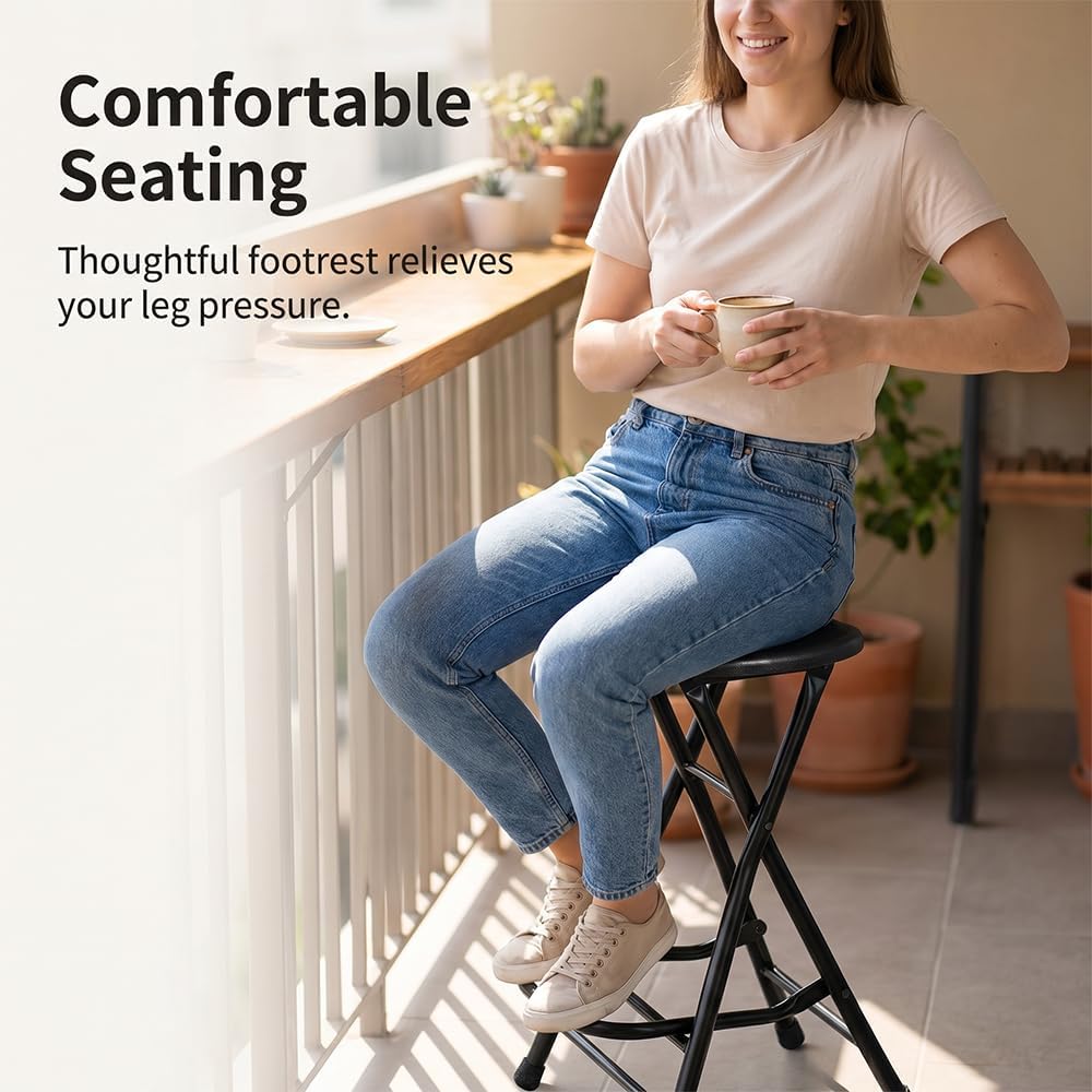 Black Adult Folding Stool with Handle and Foldable Pole Stool, 28 inch Folding Stool, Weighing 200 pounds, Foldable Heart-Shaped Folding Counter high Stool, Camping Kitchen Chair,